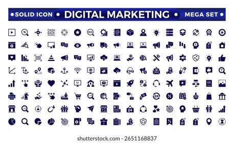 Conjunto de ícones sólidos de marketing digital. Conteúdo, pesquisa, marketing, e-commerce, seo, dispositivos eletrônicos, internet, análise, conjunto de ícones sólidos sociais.
