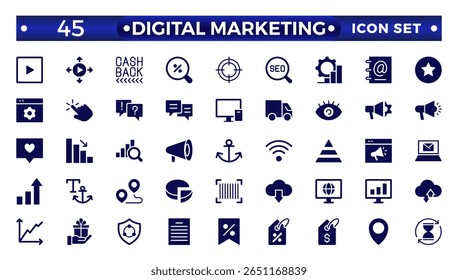 Digital marketing solid icons set. Content, search, marketing, e-commerce, seo, electronic devices, internet, analysis, social solid icon set.
