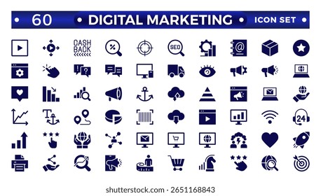 Conjunto de iconos sólidos de marketing digital. Contenido, búsqueda, marketing, comercio electrónico, SEO, dispositivos electrónicos, Internet, análisis, conjunto de iconos sólidos sociales.
