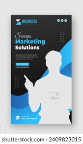 Digital marketing solution or corporate business social media story template design with abstract blue gradient color shapes on black background