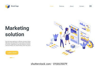 Digital marketing solution isometric vector illustration. Cartoon 3d people developer marketer team working on development strategy and business plan, teamwork modern internet technology landing page