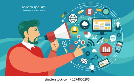 Digital marketing specialist points to social media icons, computer, mail, smartphone. The nature of the scene. Marketing manager holding a megaphone. Vector illustration