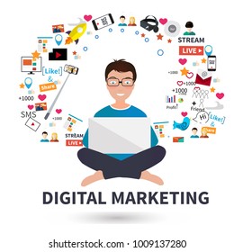 Digital Marketing Specialist Practicing Yoga. Business People Characters Scene. Marketing Manager Holding Laptop. Social Media Icons, Rocket Ship, Bird, Mail, Smart Phone. Vector Illustration