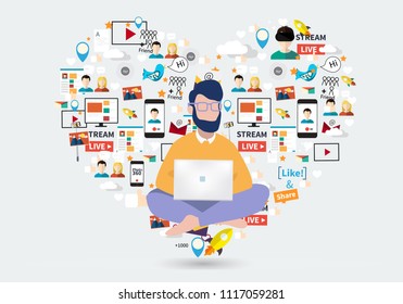 Digital Marketing Specialist Practicing Yoga. Business People Characters Scene. Marketing Manager Holding Laptop. Social Media Icons, Rocket Ship, Bird, Mail, Smart Phone. Vector Illustration