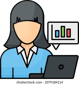 Digital Marketing Specialists Concept, Girl with PC and Graph Vector Color Icon Design, Software and web development symbol on white background, Computer Programming and Coding stock illustration