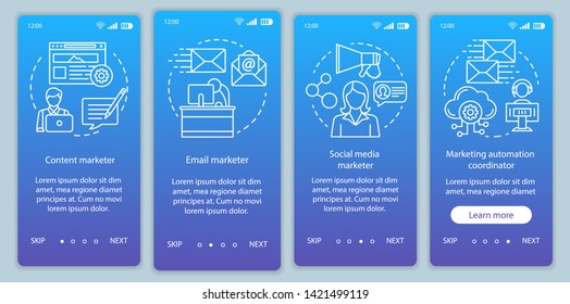 Digital marketing specialties blue gradient onboarding mobile app page screen vector template. Marketer walkthrough website steps with linear illustrations. UX, UI, GUI smartphone interface concept