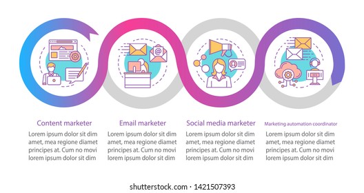 Digital marketing specialty vector infographic template. Business presentation design elements. Data visualization with four options. Process timeline chart. Workflow layout with linear icons