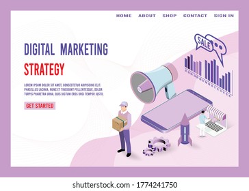 Digital marketing strategies modern isometric design concept. Advertising research, Analysis of content and Promotion. Landing page template. 
Vector illustration