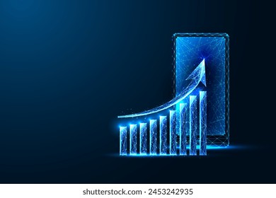 Digital Marketing Strategies, Performance Tracking futuristic concept with growth chart, smartphone in glowing low polygonal style on dark blue background. Modern abstract design vector illustration