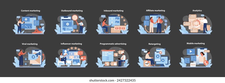 Digital Marketing Strategies Set. Vibrant illustrations depicting diverse online marketing tactics from content to mobile marketing. Flat vector graphics.