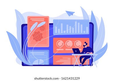 Digital marketing strategist working with digital technologies and media. Attribution modeling, brand insight and measurement tools concept. Pinkish coral bluevector isolated illustration