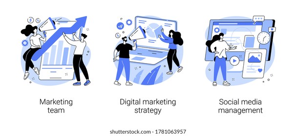 Digital Marketing Strategy Abstract Concept Vector Illustration Set. Marketing Team, Social Media Management, SMM, Brand Insight, Campaign Strategy Development, Online Channels Abstract Metaphor.