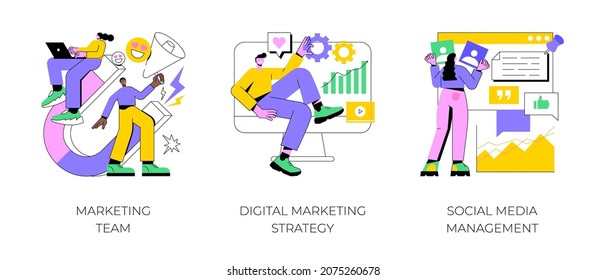 Digital marketing strategy abstract concept vector illustration set. Marketing team, social media management, SMM, brand insight, campaign strategy development, online channels abstract metaphor.