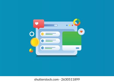 Digitale Marketingstrategie in Aktion. Browser mit Suchergebnissen und Social-Media-Anzeigen, Tracking-Likes, Freigaben, Umsatzgenerierung und detaillierte Datenanalyse für die Kampagnenleistung.