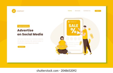 Digital marketing strategy with advertise on social media illustration on landing page concept