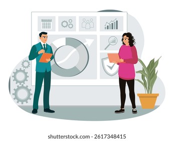 Digital Marketing strategy. Agency workers meet clients to discuss brand promotion. Flat vector illustration.