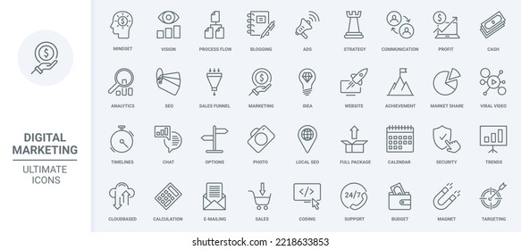 Digital marketing strategy and business vision thin line icons set vector illustration. Outline internet network advertising with megaphone and viral video, blog analytics, security and sales funnel