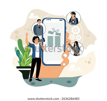 Digital marketing strategy. Marketing concept by inviting friends and winning online prizes.