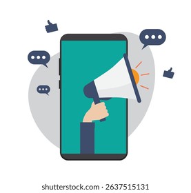 Digital Marketing. Marketing Strategy Concept. Mobile phone, Hand hold megaphone