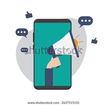 Digital Marketing. Marketing Strategy Concept. Mobile phone, Hand hold megaphone