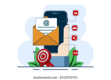 Concepto de estrategia de marketing digital, SEO, redes sociales, marketing por correo electrónico, estrategia digital creativa. Promoción de contenidos a través de redes digitales, Ilustración vectorial plana sobre fondo.