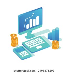 digital marketing strategy concept with table, graphic object on computer screen. chart increase profit.