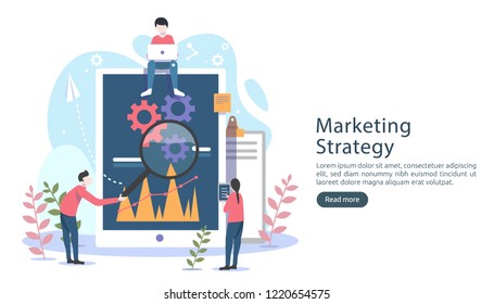 digital marketing strategy concept with tiny people character, table, graphic object on computer screen. online social media marketing modern flat design for landing page and mobile website template