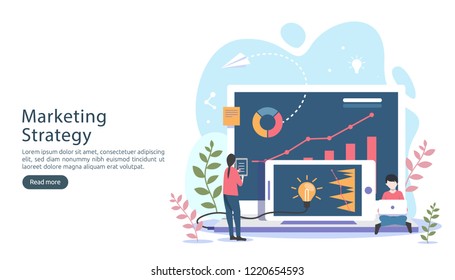 digital marketing strategy concept with tiny people character, table, graphic object on computer screen. online social media marketing modern flat design for landing page and mobile website template