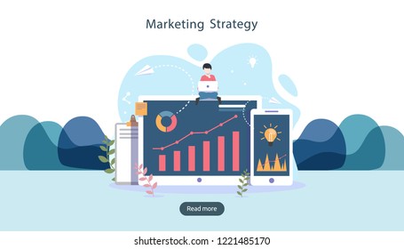 digital marketing strategy concept with tiny people character, table, graphic object on computer screen. online social media marketing modern flat design for landing page and mobile website template