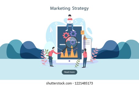 digital marketing strategy concept with tiny people character, table, graphic object on computer screen. online social media marketing modern flat design for landing page and mobile website template