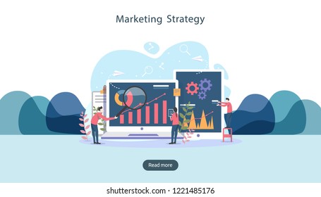 digital marketing strategy concept with tiny people character, table, graphic object on computer screen. online social media marketing modern flat design for landing page and mobile website template