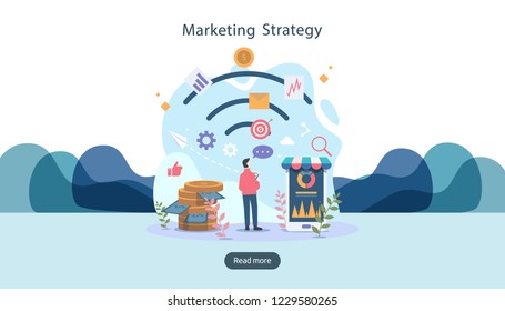 digital marketing strategy concept with tiny people character. online ecommerce business in modern flat design template for web landing page, banner, presentation, social media. Vector illustration