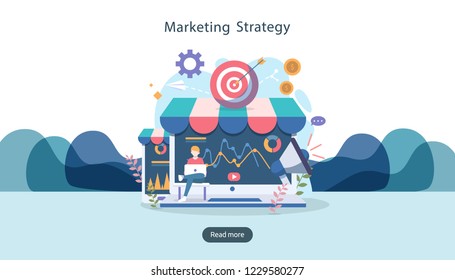 digital marketing strategy concept with tiny people character. online ecommerce business in modern flat design template for web landing page, banner, presentation, social media. Vector illustration