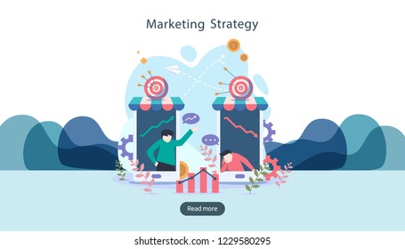 digital marketing strategy concept with tiny people character. online ecommerce business in modern flat design template for web landing page, banner, presentation, social media. Vector illustration