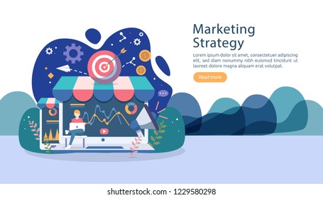 digital marketing strategy concept with tiny people character. online ecommerce business in modern flat design template for web landing page, banner, presentation, social media. Vector illustration