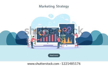 digital marketing strategy concept with tiny people character, table, graphic object on computer screen. online social media marketing modern flat design for landing page and mobile website template
