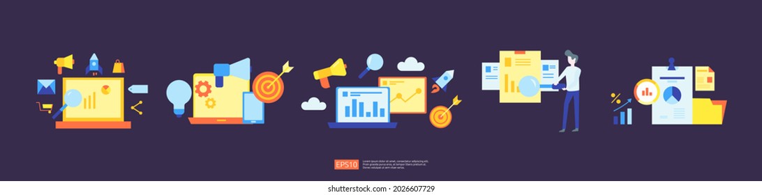 digital marketing strategy concept vector illustration. Business growth graph and chart increase to success. Return on investment ROI or increase profit. Finance stretching rising up for banner