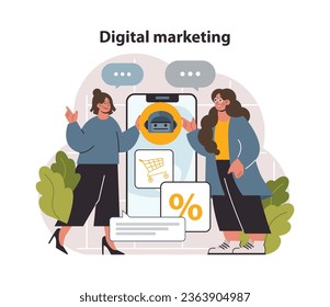 Digital marketing. Marketing strategy development innovative techniques, tools and services. Web marketing technologies for brand online promotion. Flat vector illustration