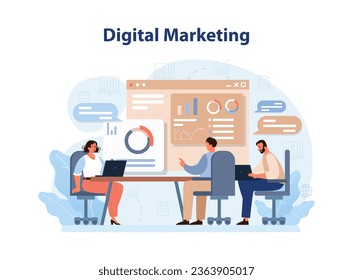 Digital marketing. Marketing strategy development innovative techniques, tools and services. Web marketing technologies for brand online promotion. Flat vector illustration