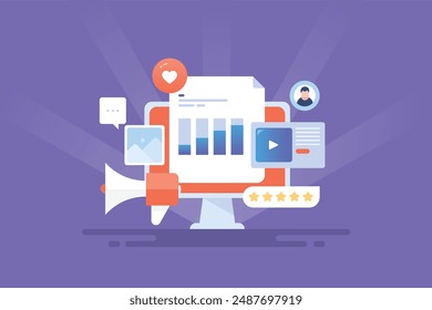 Desarrollo de estrategias de marketing digital, Promoción del Sitio web con SEO, Social Media, Marketing de contenidos. Campaña publicitaria digital para el tráfico - Ilustración vectorial con iconos