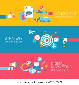 Digital marketing strategy management concept flat icons set of decision plan traffic and vector web banners illustration print materials website click infographics elements collection