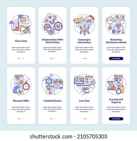 Digital marketing and strategy onboarding mobile app screen set. Ad walkthrough 4 steps graphic instructions pages with linear concepts. UI, UX, GUI template. Myriad Pro-Bold, Regular fonts used