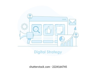 Digital marketing strategy, Search engine marketing, SEO, Social media advertising, content marketing - flat design concept background with icons
