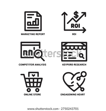 digital marketing strategy seo analytics and ecommerce line icon set