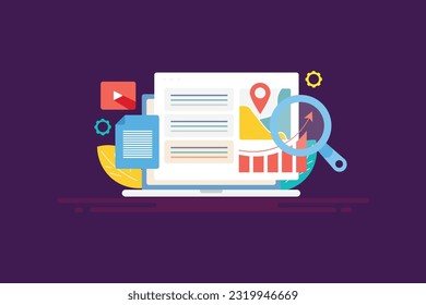 Estrategia de marketing digital. Optimización SEO para el tráfico de búsqueda de sitios web. Página de resultados del motor de búsqueda en la pantalla del portátil - fondo de ilustración vectorial con iconos