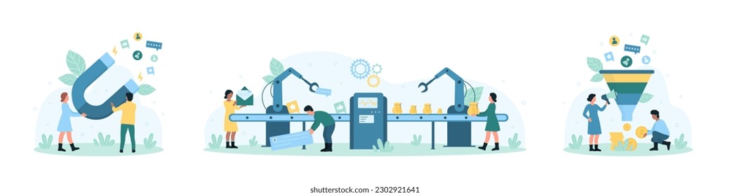 Digital marketing strategy set vector illustration. Cartoon tiny people work on conversion process in conveyor and sales funnel, attract likes, followers and feedback in social media with magnet