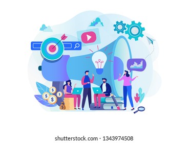 Digital marketing strategy team. Content manager. Flat cartoon character graphic design. Landing page template,banner,flyer,poster,web page