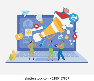 Digital marketing strategy team. Content manager. Flat cartoon character graphic design.