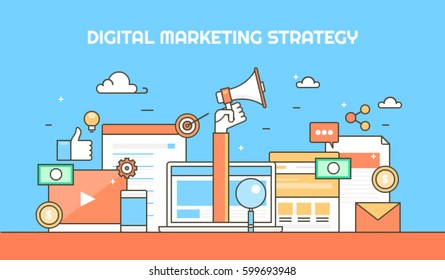 Digital-Marketing-Strategie dünne Linie Konzept für SEO, Social Media, PPC, SEM mit Symbolen und Elementen