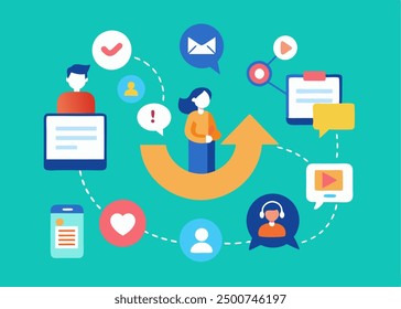 Digital marketing strategy vector illustration featuring a man icon, ideal for branding, advertising, and SEO optimization. Perfect for creative, modern, and web-based projects.